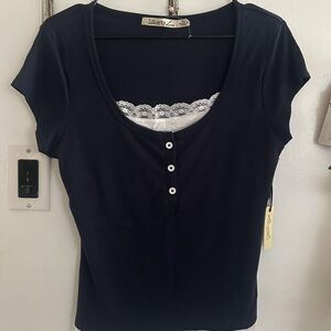 Liberty Love Navy Short Sleeve Top with White Lace